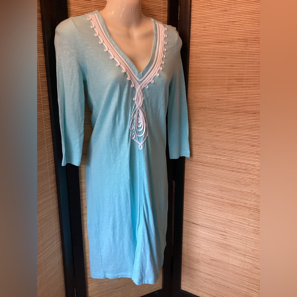 💗 LILLY PULITZER swim coverup dress XS cotton 3/4 sleeve EUC robins egg blue